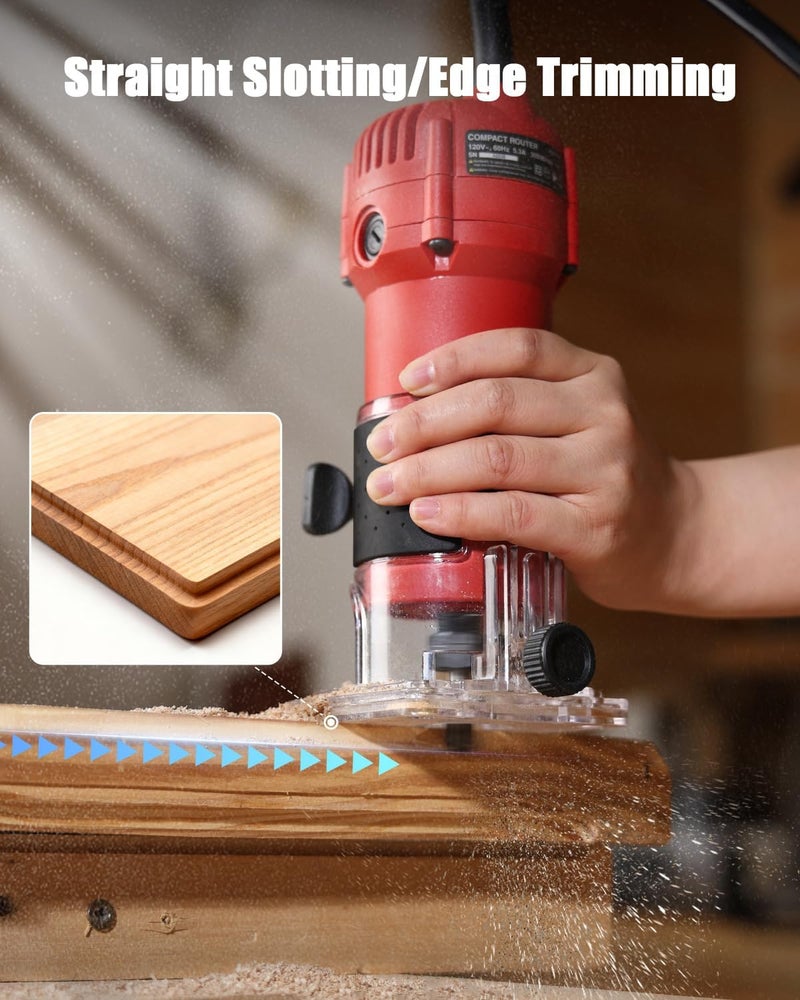 AVID POWER 630W 5.3 Amp Wood Router Tool with Fixed Base Compact Router for Woodworking, 35,000 RPM, 1/4” collet & 5 Trim Bits, Straight & Roller Guide, 2 Wrenches and Carbon Brushes - Image 3